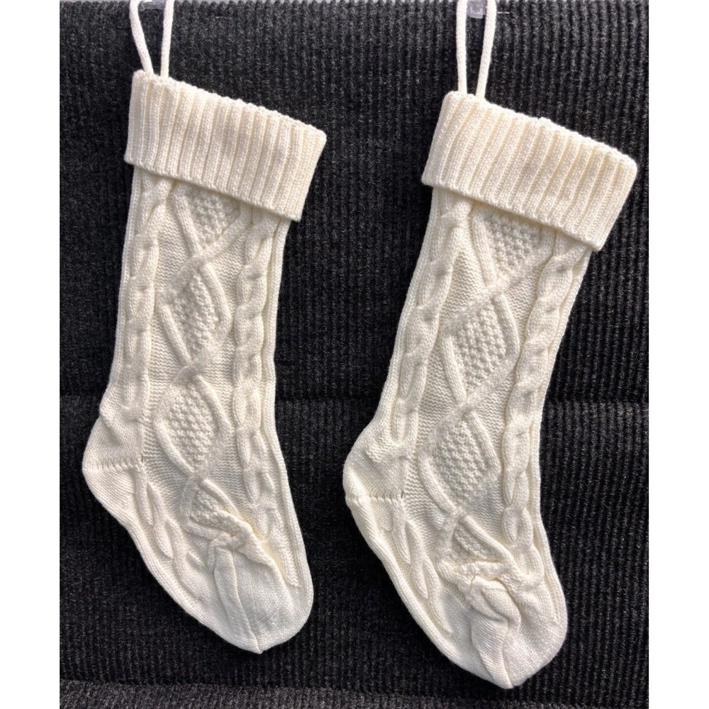 Pair of 2 White Cable Knit Christmas Stockings 19" Classic Holiday Mantel Decor
